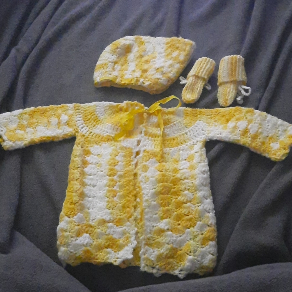 Handmade Vintage Knit Baby Bonnet, Shawl and Booties
